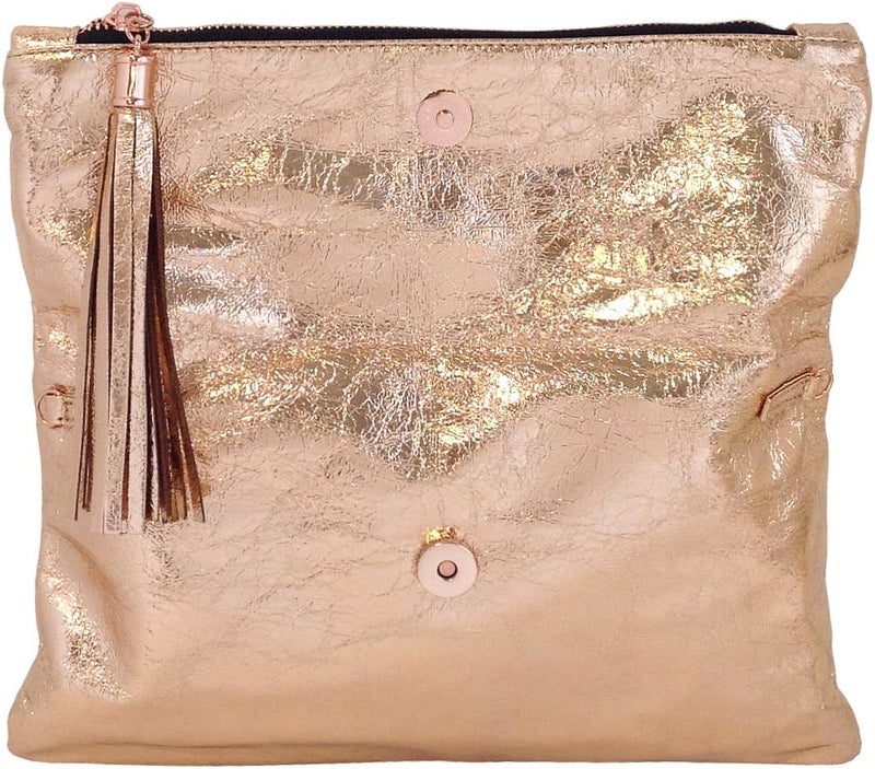 JNB Women's Cracked Metallic Fabric Foldover Clutch with Tassel - Image 3